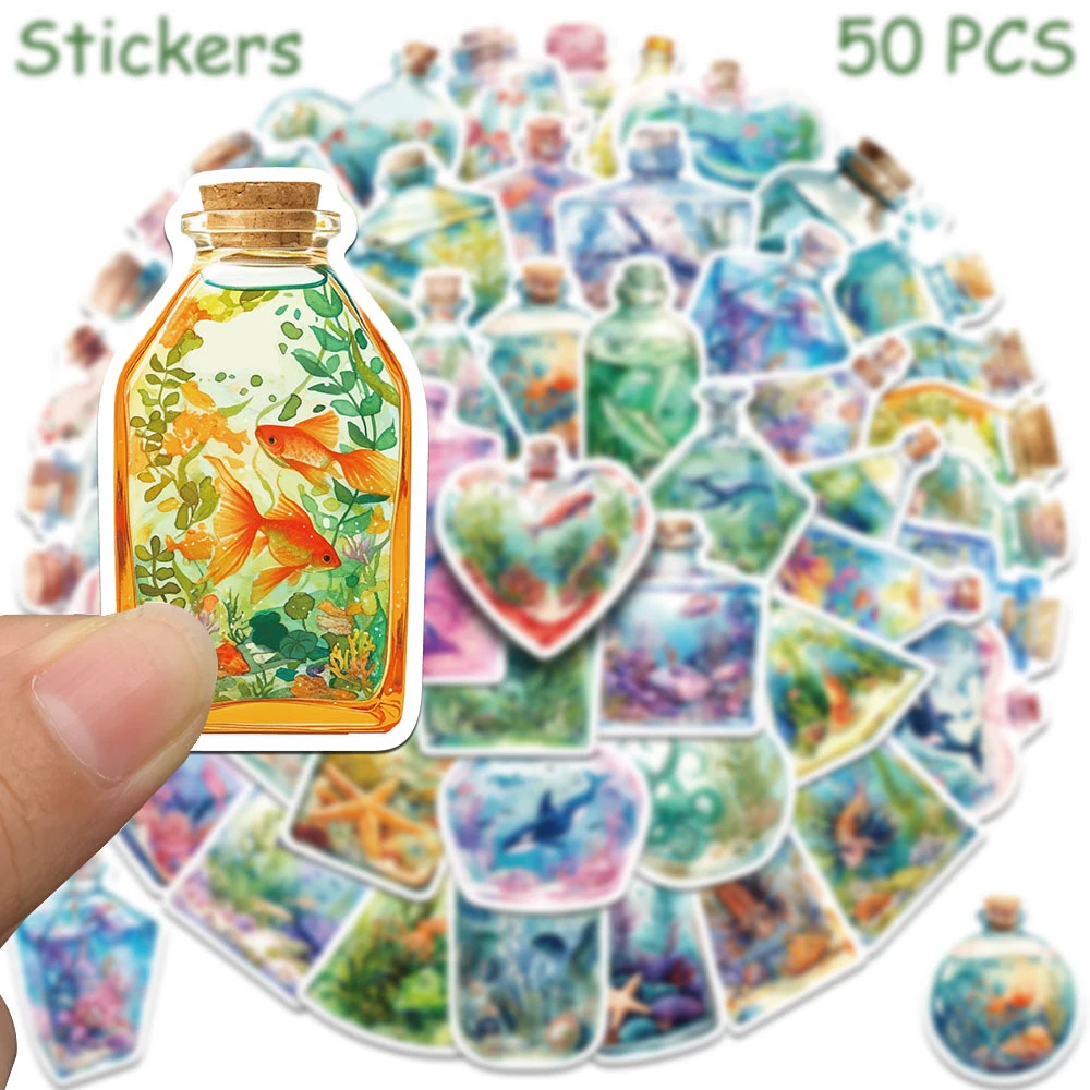 

10/30/50pcs Cute Underwater World in Bottle Aesthetic Stickers DIY Skateboard Luggage Phone Cartoon Waterproof Sticker for Kids