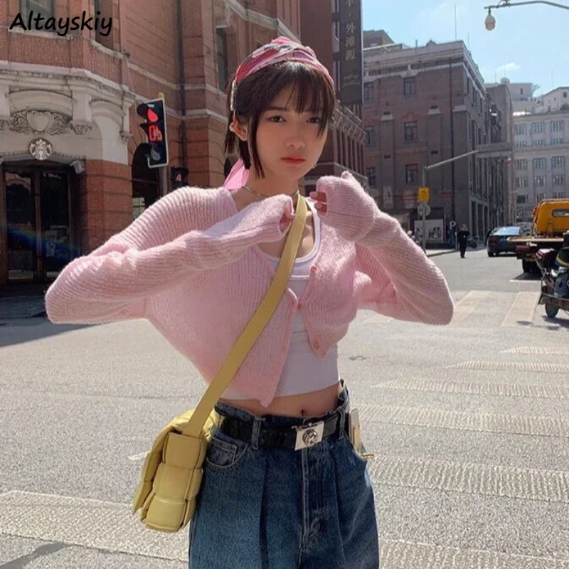 

Knitted Cardigans Women Slim Sun-proof Sweet Female Cropped Preppy Style Fashion All-match Tender Solid Temperament Ulzzang Ins