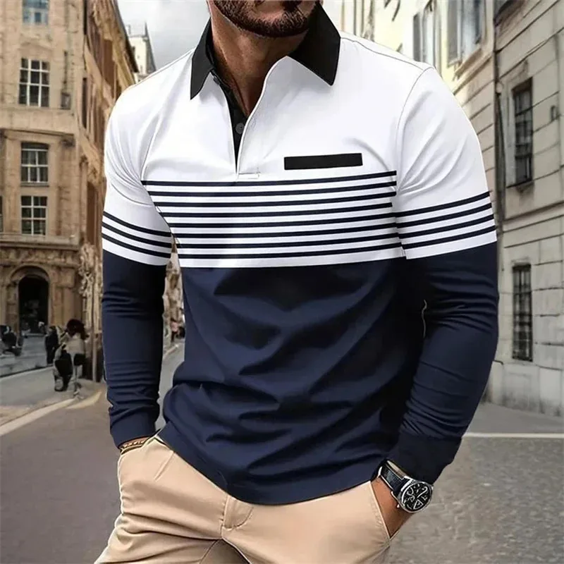 Polo graphic horizontal striped men's autumn and winter long-sleeved shirt Polo sports casual daily use 3d printed breathable bu