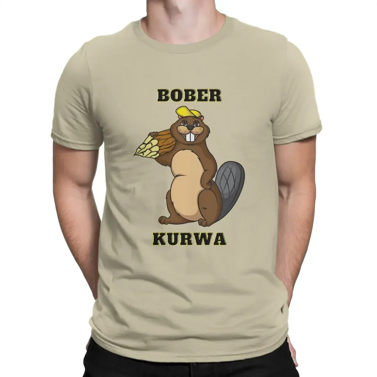 T-Shirts Men Round Neck Pure Cotton T Shirt Kurwa Bobr Bober Short Sleeve Tees Vintage Beaver With Tree Trunk And Yellow Cap