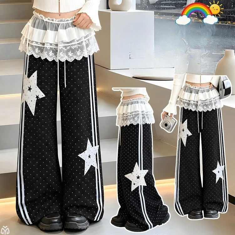 2026 Fall Spring Big Girls Polka Dot Wide Leg Pants fart curtain Design With Side Stripes Childen Fashion Casual Sports Trousers