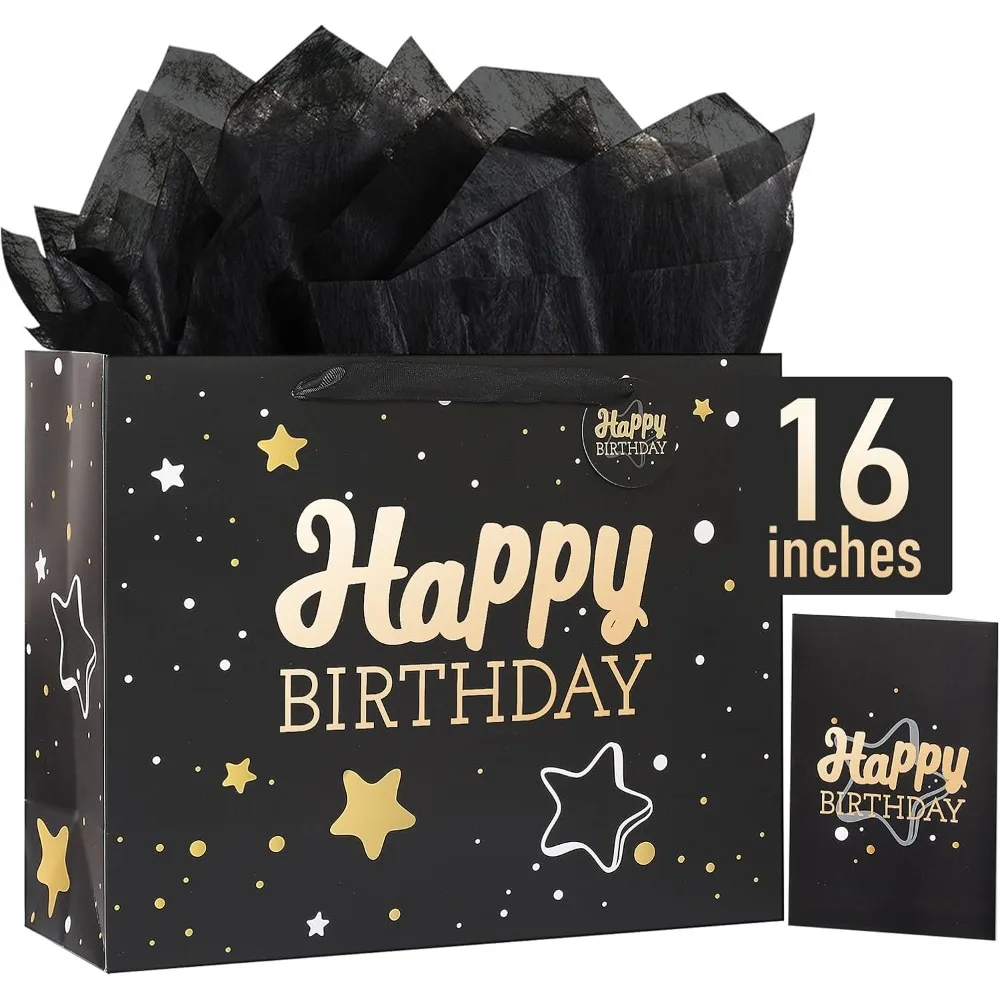 

16 Black Happy Birthday Gift Bag with Tissue Paper and Greeting Card for Party,Happy Birthday Gift Bag for Men Women,Gift Bags
