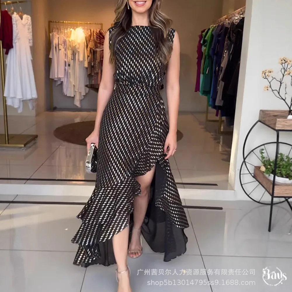 Robe Maxi sans manches pour femmes, élégante, asymétrique, à volants, fente, slim, moulante