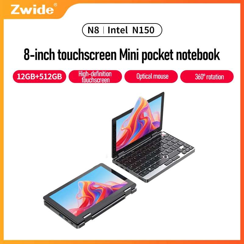 Zwide IntelN150 12GB Memory 512GB SSD Hard Disk Windows 11 Home Portable Laptop Notebook Mini PC Touch Screen