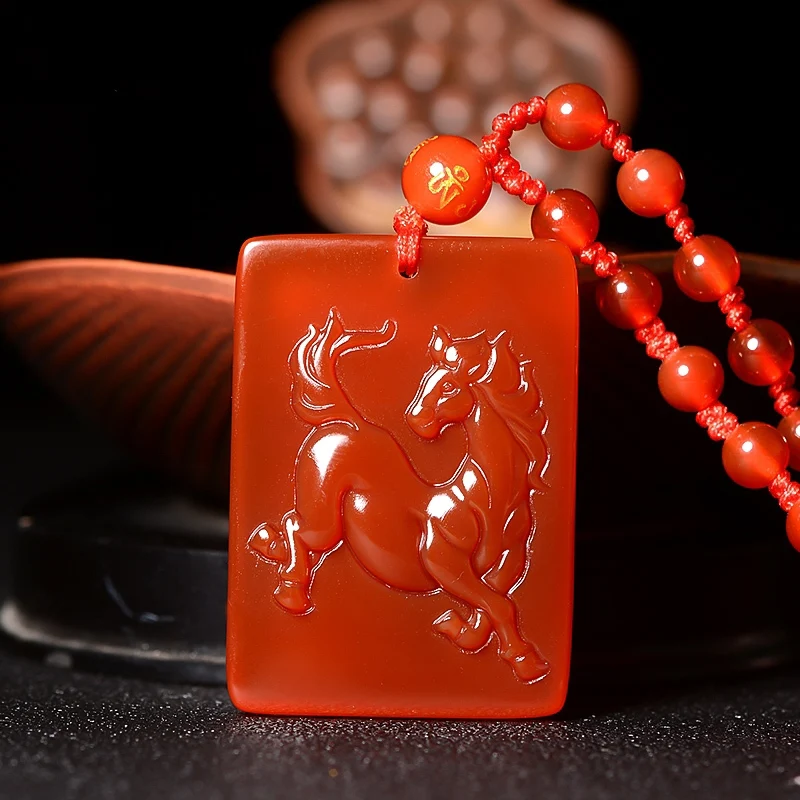 Nature Red Agate Horse Pendant Amulet Animal Years Sign of the Zodiac Bead Hanging Chinese Zodiac Talisman