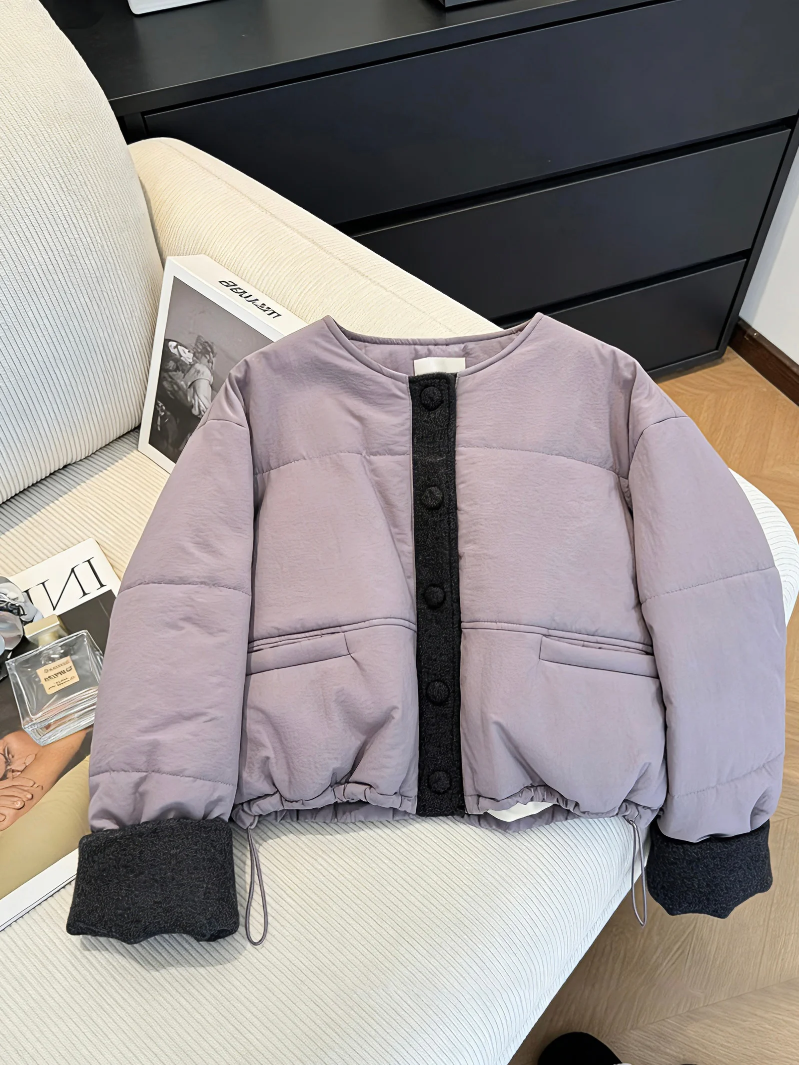 

Корейская хлопковая куртка свободного кроя с круглым вырезом, повседневная, осенне-зимняя, модная, фиолетового цвета, универсальная, из хлопка