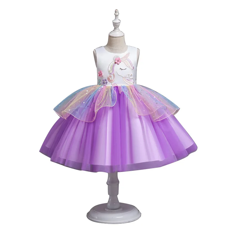 Rainbow Unicorn Dress Girl Costume Princess Fancy Dress, Girl Role Playing Birthday Party Dress up Game