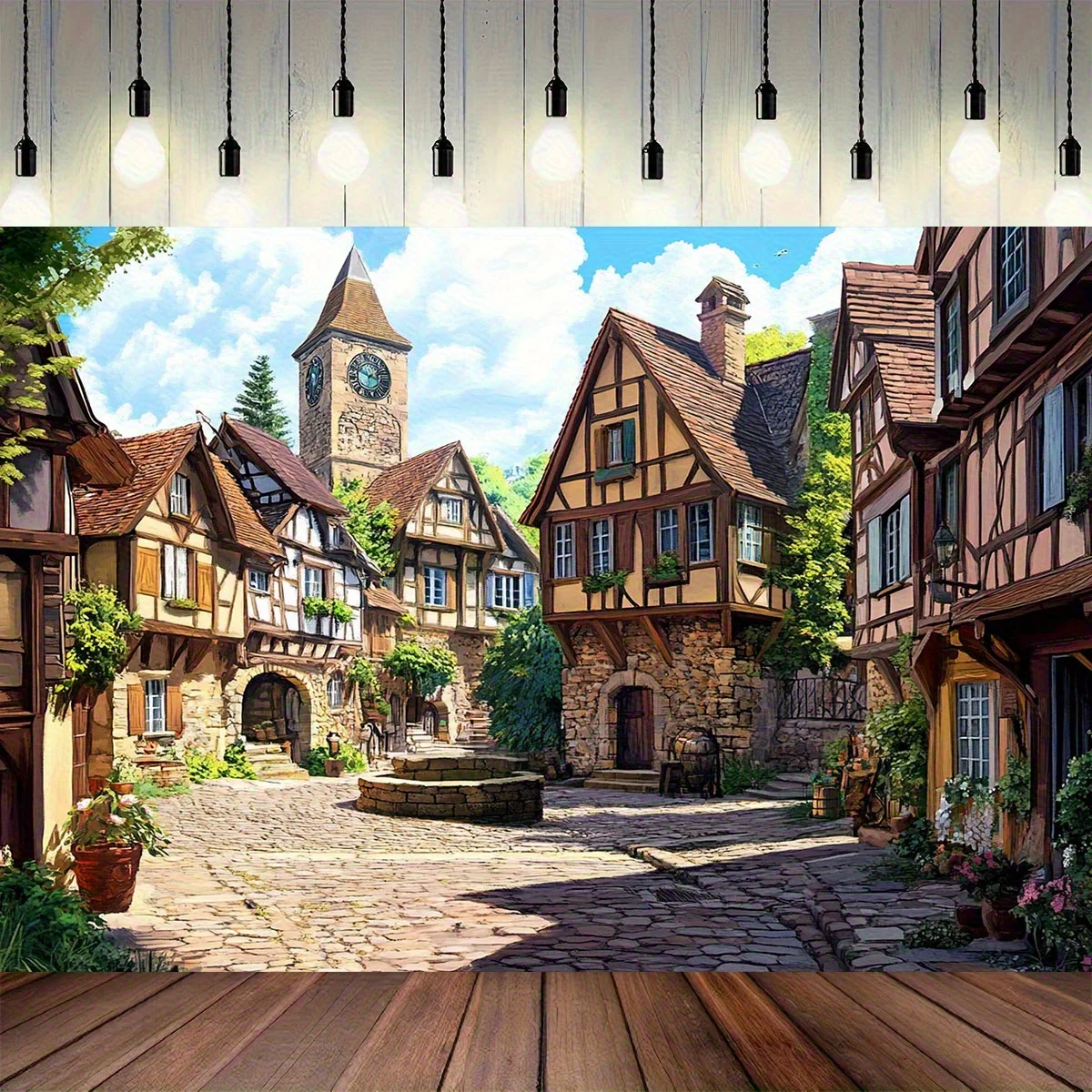 2D-Hintergrundstoff mit mittelalterlichem Dorf, geeignet für Partys, Fotografie, Themenveranstaltungen und mittelalterliche Dekoration