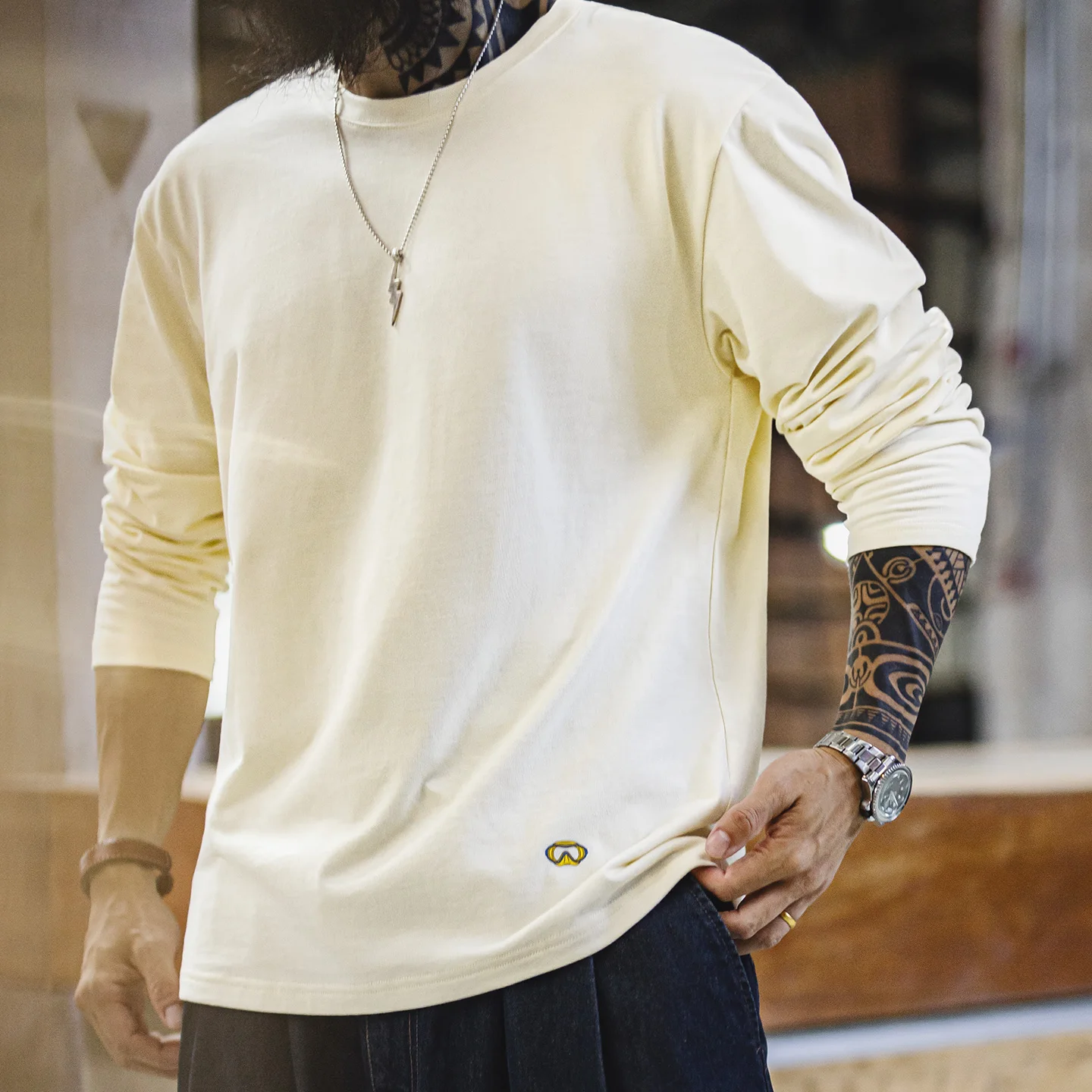 MADEN Men's White Long Sleeve T-Shirt Crew Neck Embroidered Printed Base Layer Undershirt Casual