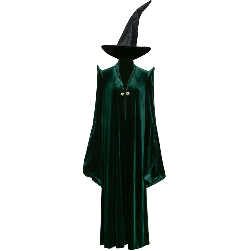 

Professor Mcgonagall Costume Adult Dark Green Velvet Cloak Women’s Cape Robe Black Witch Hat Halloween Party Accessory