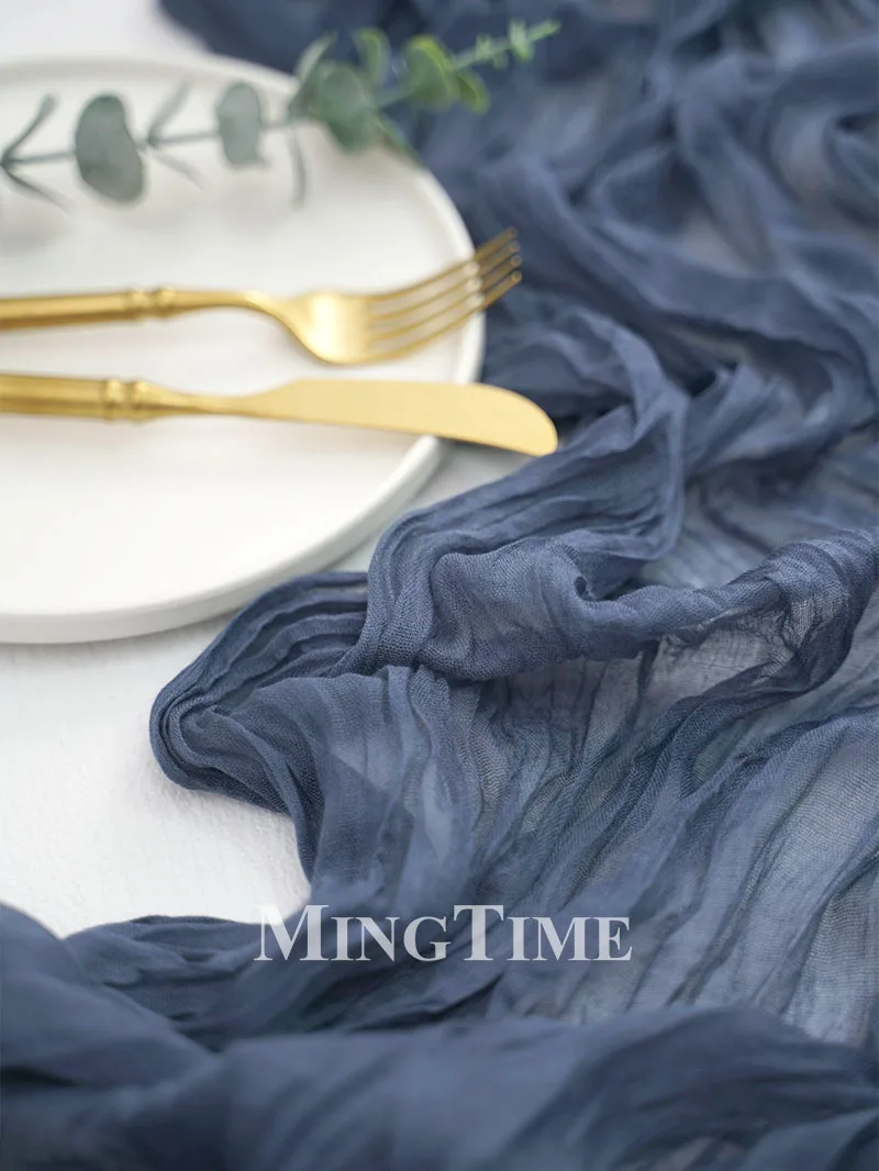 Elegant Pleated Semi-Sheer Gauze Table Runner in Dark Blue Creating Retro Wedding Party and Christmas Scenes Decoration