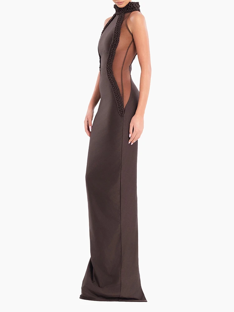 VC Chic Robe longue sans manches à panneaux en maille transparente marron avec détails tressés pour robe de soirée