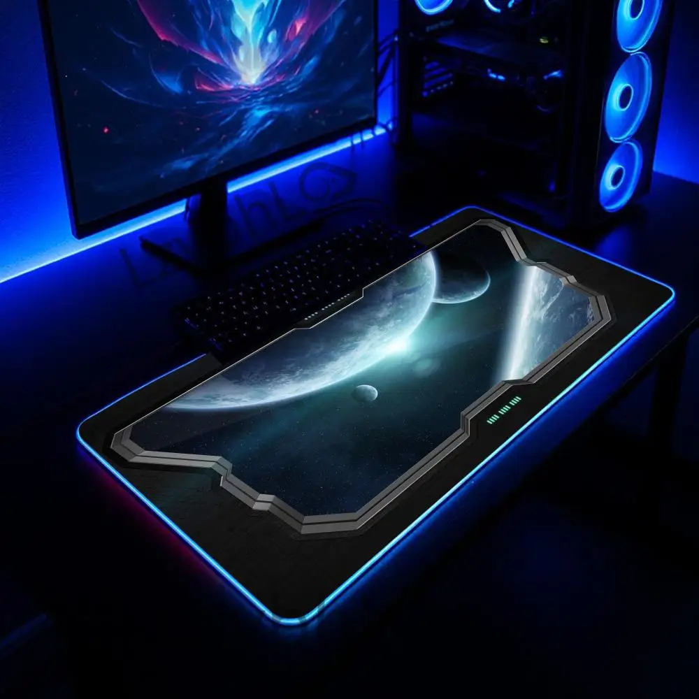 

Коврик для мыши с космическим кораблем, большой игровой коврик для мыши RGB, светодиодный светильник с заблокированными краями, игровые аксессуары, коврик для клавиатуры ПК, настольный коврик XXL 90x40 см