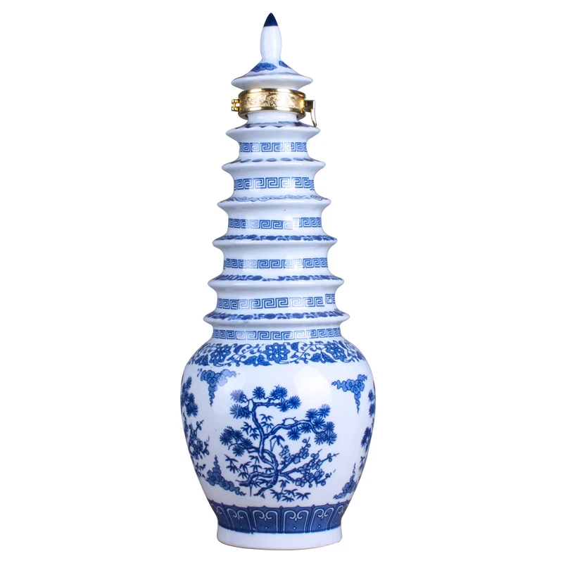 Jingdezhen ceramic wine bottle wine jar 3 pounds blue and white porcelain pagoda knotty high ornament tower pine bamboo plum