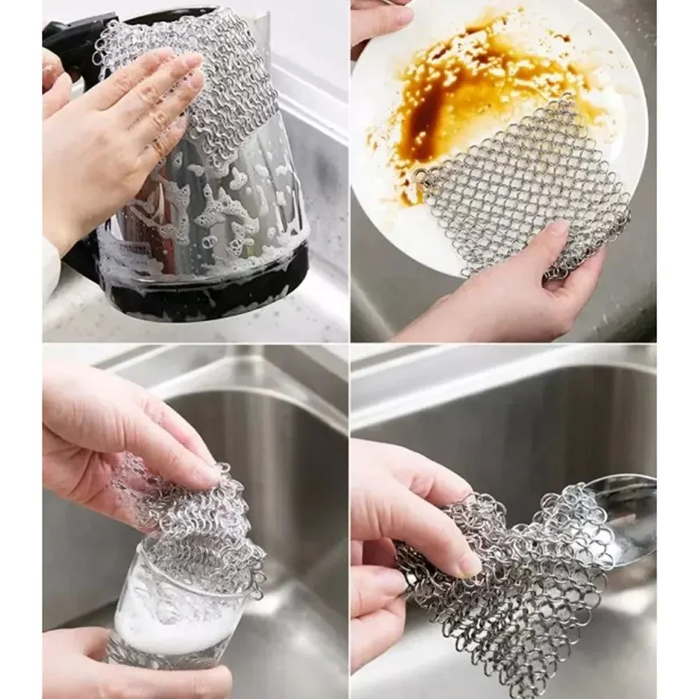 Roestvrij staal gietijzeren reiniger Chain Mail Scrubber Brush Pan Net Home Cookware Kitchen Tool Clean Accessoires