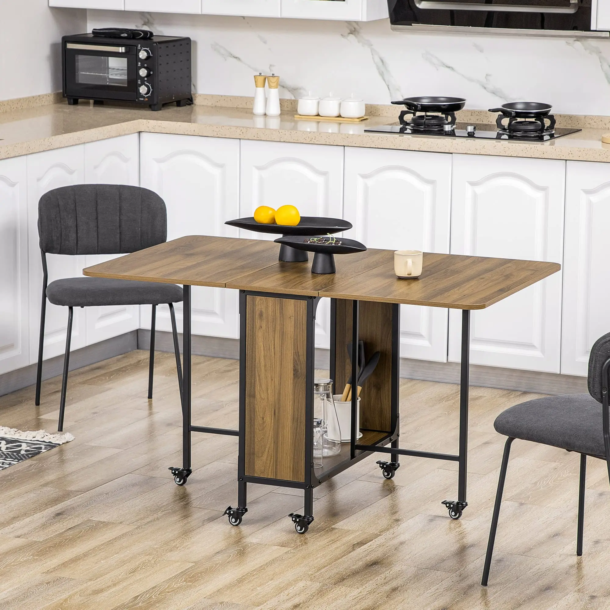 Modern Space-Saving Kitchens Dining Rooms Hidden Storage Foldable Wooden Dining Table with Casters