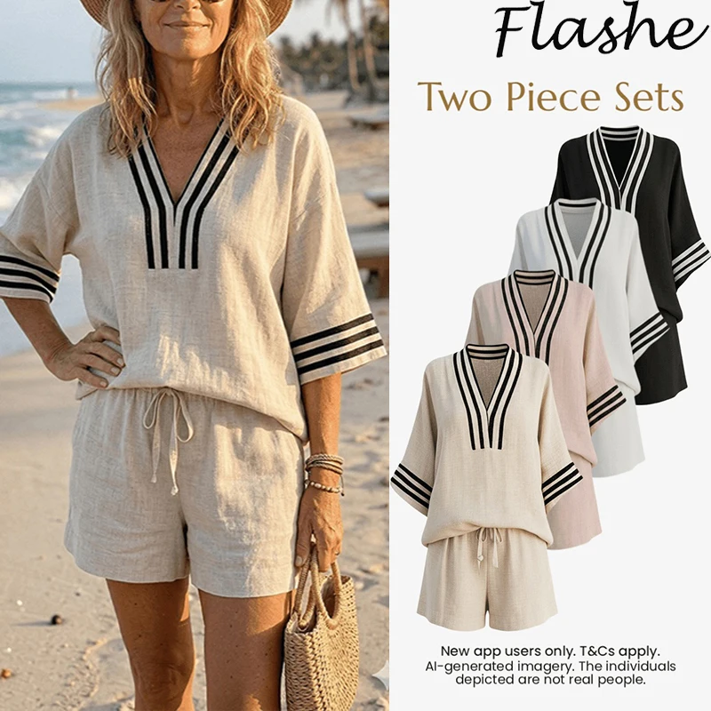 

Новый женский летний комплект: рубашка с V-образным вырезом и коротким рукавом, полосатые шорты с принтом и завязками, повседневный двухсоставный комплект для отдыха.
