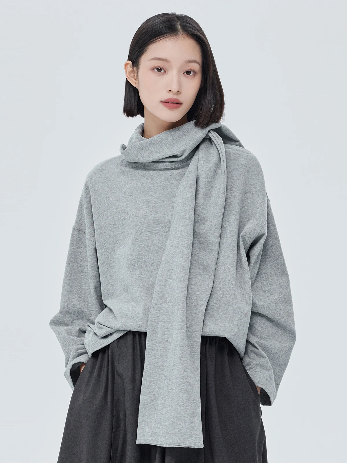 

Casual Sle Cotton Sweatirt Women's Spring Autumn Long Sve round Ne Loose Fit Pure Color Scarf T-irt Ci Walk Commute