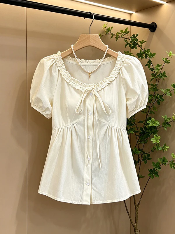 

Korean Style Large Size U-Neck Lace Trim Bubble Sleeve Shirt Women Summer Casual Loose Versatile Top Commute Fashion Butterfl...