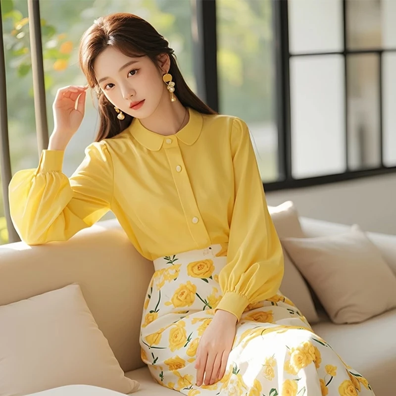 Ele jaune Rose imprimé irt et jupe Ensemble femme Faion automne hiver tenue longue Sve Smart Ensemble décontracté