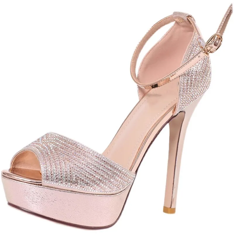 2024 Women 12cm High Heels 3cm Platform Peep Toe Pumps Lady Extreme Heels Crystal Bling Sandals Queen Diamond Gold Sandles Shoes