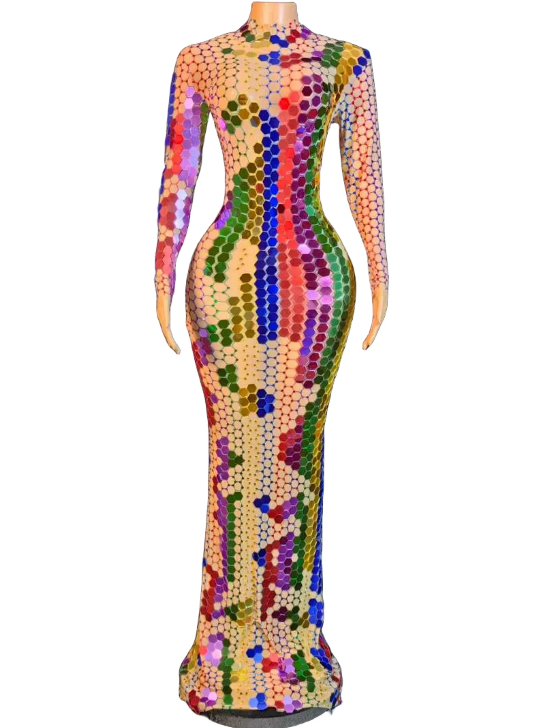 

Colorful Women Stunning Singer Performance Mirror Sequin Stretch Long Dress Stage Wear