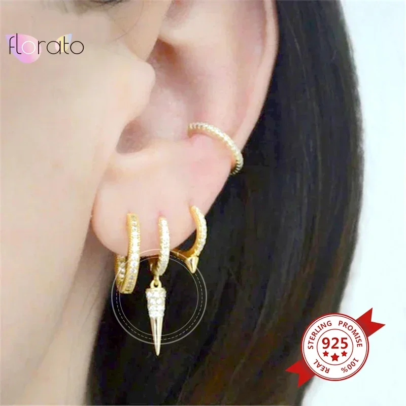 Pendientes de aro con remaches de Metal Punk para mujer, de Plata de Ley 925, pendientes minimalistas con Piercing para oreja, joyería de personalidad