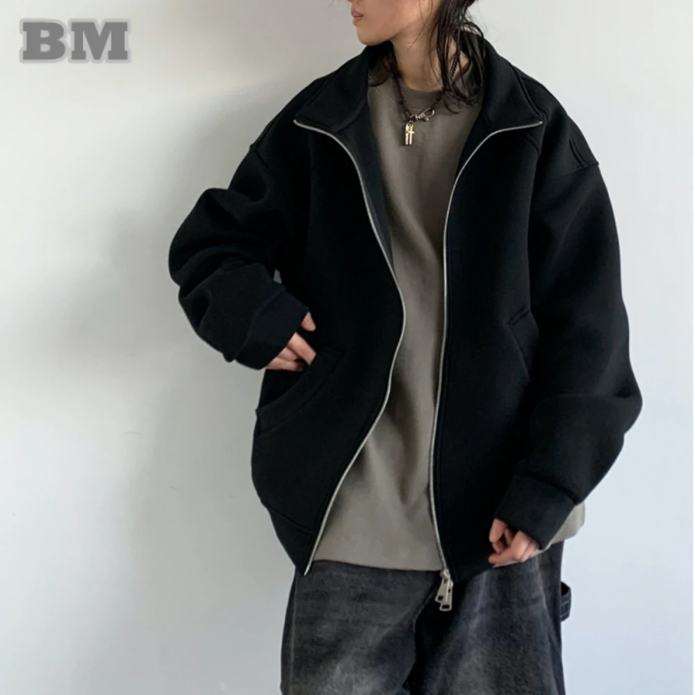 

Spring Double Zipper Jacket Black Preppy Streetwear Loose Fit Stand Collar Casual Sportswear Unisex Baseball Outerwear Men Women