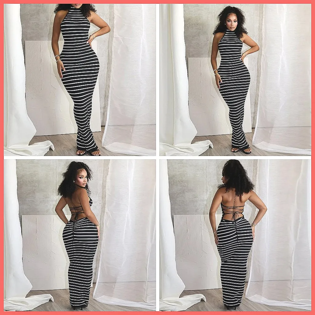 

Backless Striped Vest Dress High-Elastic Knit Sexy Club Party Dress for Women