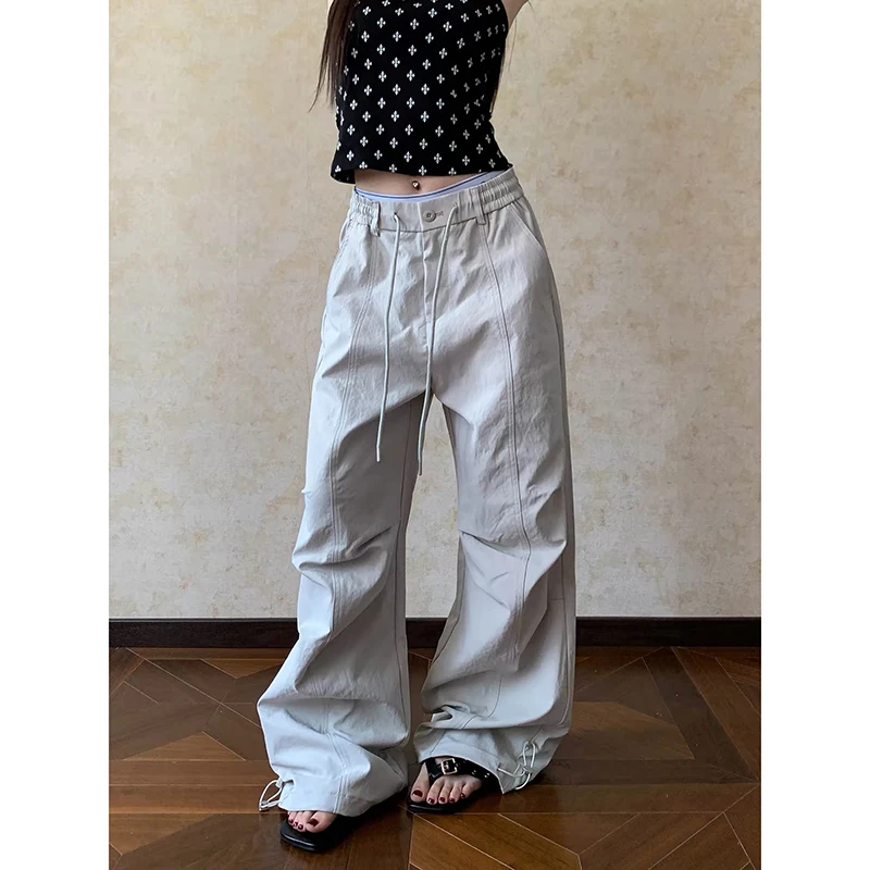 ZHIZOU Women Apricot Baggy Wide Leg Sweatpants Oversize Cargo Pants Harajuku Japanese 2000s Style Vintage Y2k Parachute Trouser