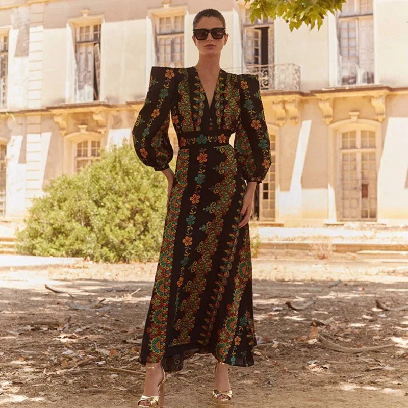 

Spring Summer Womens Dress Fashion Printed Long-sleeved Top and Lose Floor-length Skirt Elegant V-neck Women Clothes Vestidos