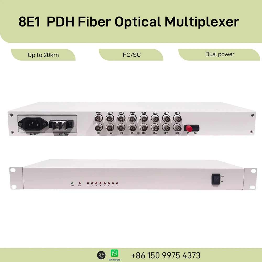 8E1 Fiber Optical Multiplexer PDH Optical Terminal 8×E1 over Fiber 155Mbps Single Fiber FC/SC Rackmount Optical Converter