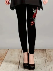 Flower print stretch slim leggings, casual stretch tight leggings