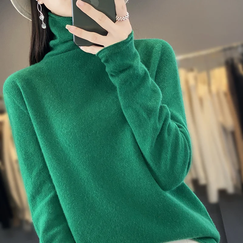 Autumn Winter Women 100% Merino Wool Sweater Curled Pile Collar Warm Pullover Long Sleeve Cashmere Knitwear New Bottoming Tops