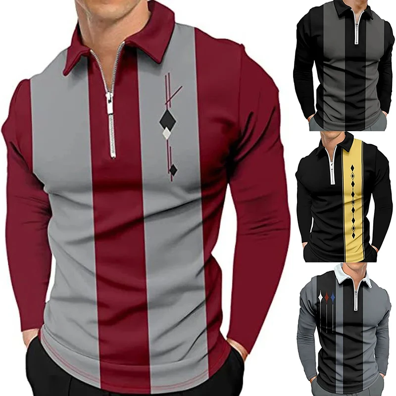 Ropa de Otoño Invierno para hombre, Polo de manga larga con cremallera, camisetas informales con estampado geométrico para hombre, Polo 100% poliéster