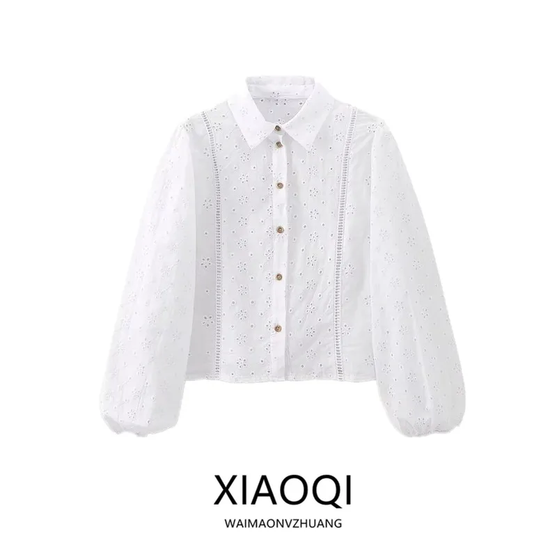 

Summer 2024 Women's Faion Design Sense Hollow out Embroidery irt Versatile Slimming Sle Long Sve V-Ne Commute Wear