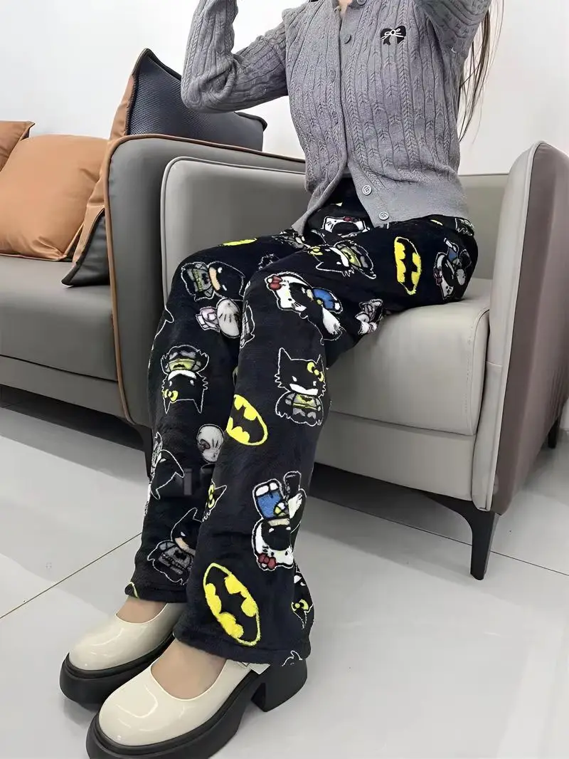 Sanrio y2k outono hellokitty batman calças de pijama dos desenhos animados hip hop senhoras quente casual flanela bonito calças de pelúcia estilo natal roupas