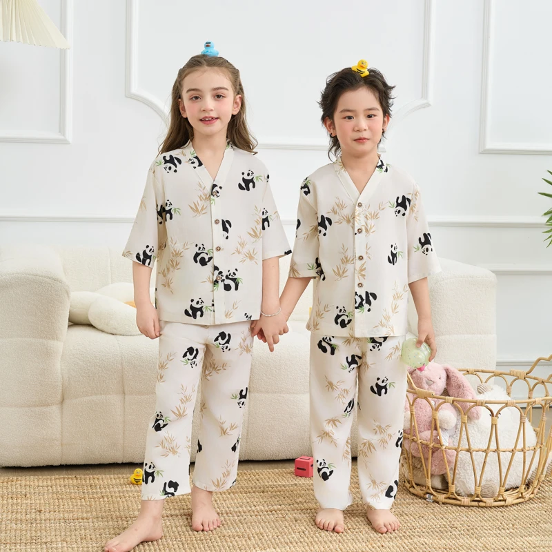 Children's Cartoon Print Cap Sleeve Cotton Silk Loungewear Set Summer Lightweight Boys Girls Pajamas Baby Air Conditioning Wear