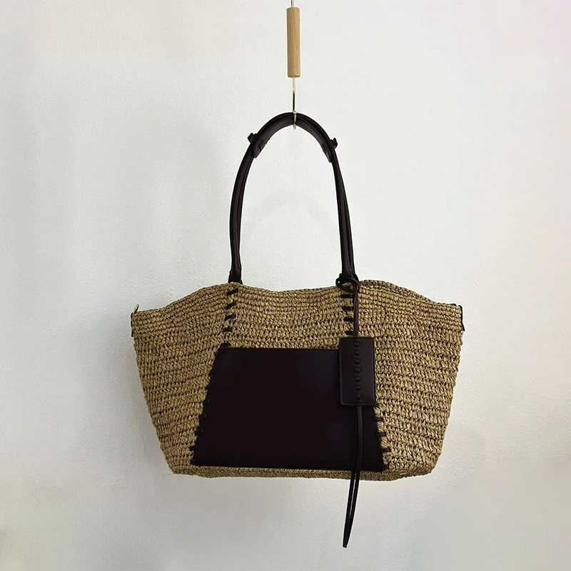 Raffia-Stroh Gewebte Leder-Patchwork-Tragetasche, Damen Große Kapazität Sommer Strand Urlaub Schultertasche, Reise-Pendler-Handtasche – Detail 1