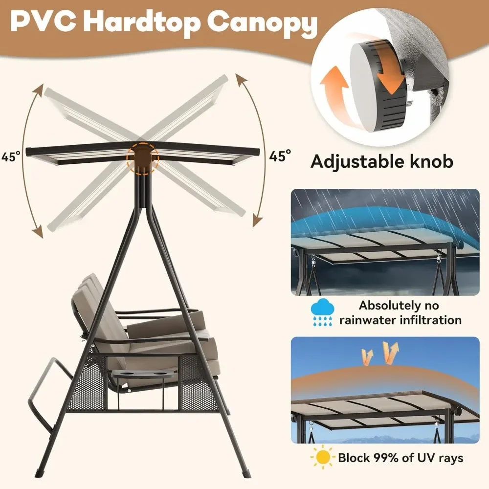 Verandaschommel voor buiten met hardtop van polycarbonaat, 3-zits terrasschommelstoel met 2 zijbekerhouders, schommelbed met converteerbare rugleuning