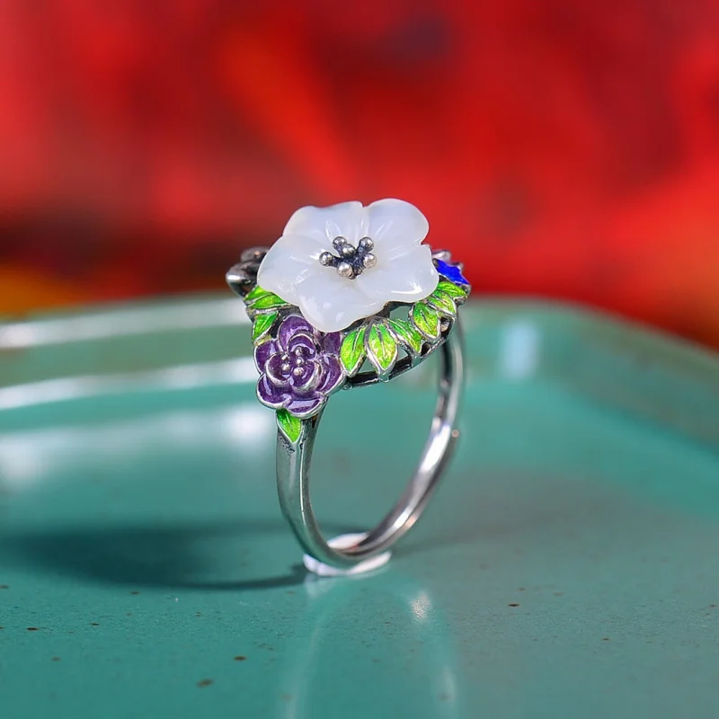 

Кольцо Cloisonome с цветочным рисунком из серебра S925 с инкрустацией Hetian White Jade и пятипелками