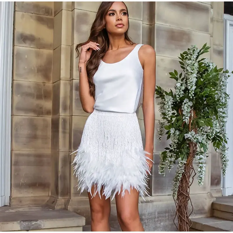 Y2k Sequins Feather Skirts Sets Outfit Women Sexy Sleeveless Tops Mini Skirt Two Piece Set Womens 2024 Summer Elegant Lady Suit