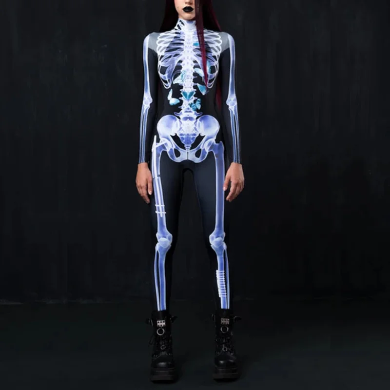 VIPFASHION Männer X-Ray Skelett Kostüm Halloween Party Anzug Männlich Lustige Zentai Bodysuit Langarm Zurück Zipper Catsuit Kleidung