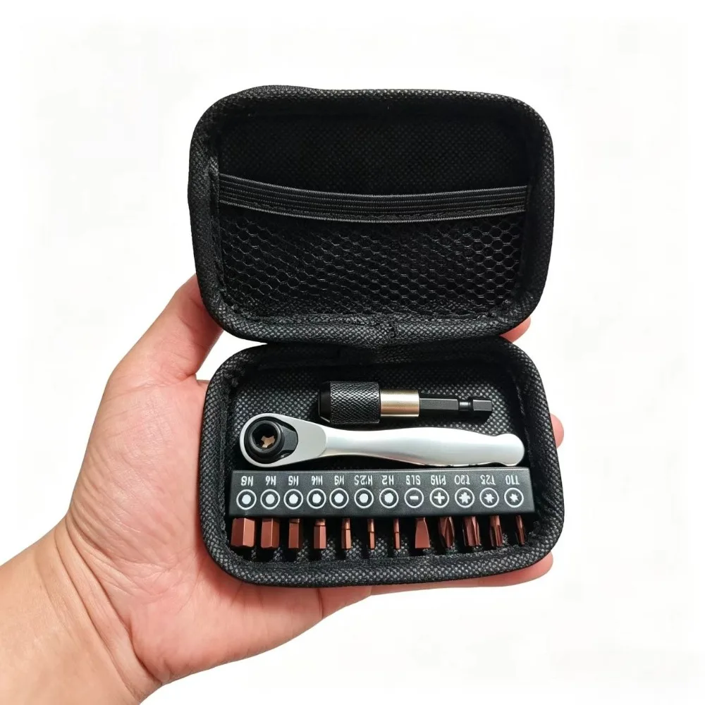 14-in-1 Multifunktions-Ratschenschraubendreher-Set mit 90-Grad-Winkel, passend für 12-teiliges L25mm-Bit-Set, Mini-Reparaturwerkzeug-Kit für Fahrrad, Heimwerker und Haushalt. – Detail 14