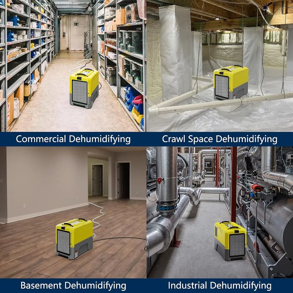 commercial dehumidifier with pump drain hose, dehumidifier for basement warehouses and worksites, crawl space dehumidifier