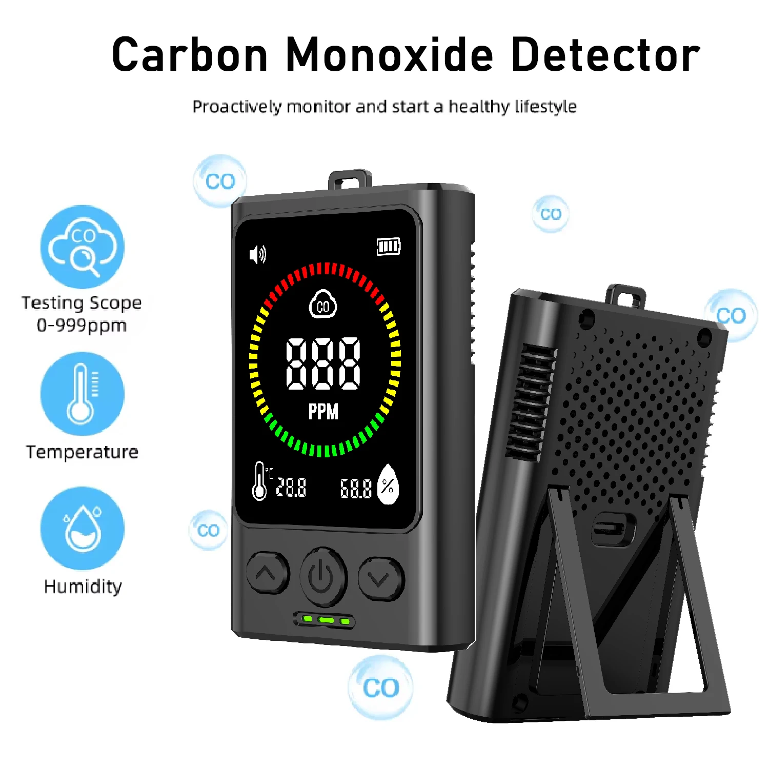 كاشف أول أكسيد الكربون الرقمي 3 في 1، إنذار CO مع مستشعر درجة الحرارة والرطوبة، شاشة LCD قابلة لإعادة الشحن، مراقبة جودة الهواء #6