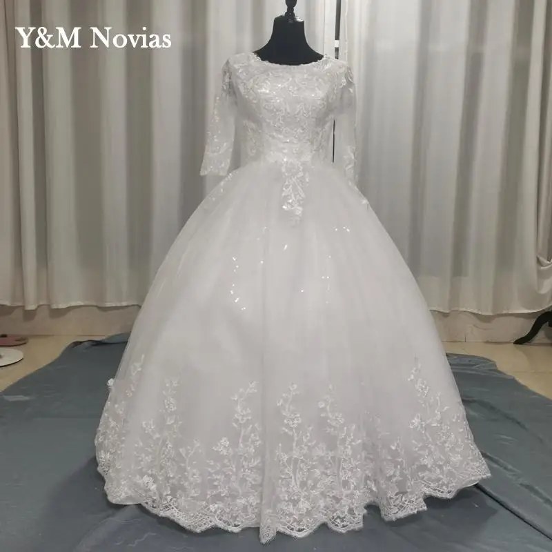 Real Video Opaque Muslim O-Neck Sweet Wedding Dress With Sleeves Long Lace Embroidery Train Custom Plus Size Vestido De Noiva