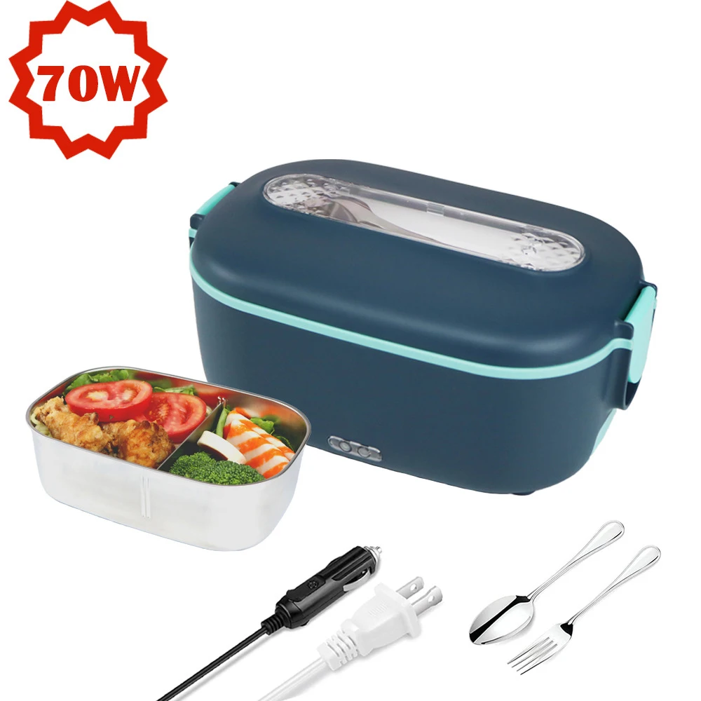 70W Home and Car Dual Purpose Heating Lunch Box Portable Electric Rice Cooker Stainless Steel Meal Warmer Food Steamer 12V-24V