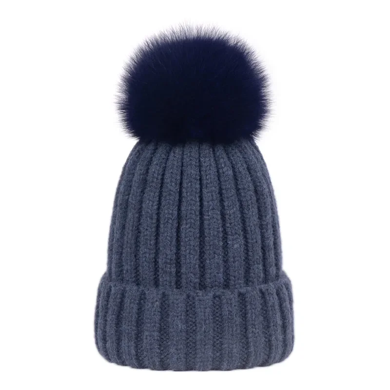 Natural Fox fur pompon hats women winter caps with fox ponpon pompom big ball pompon fur female mink knitted caps