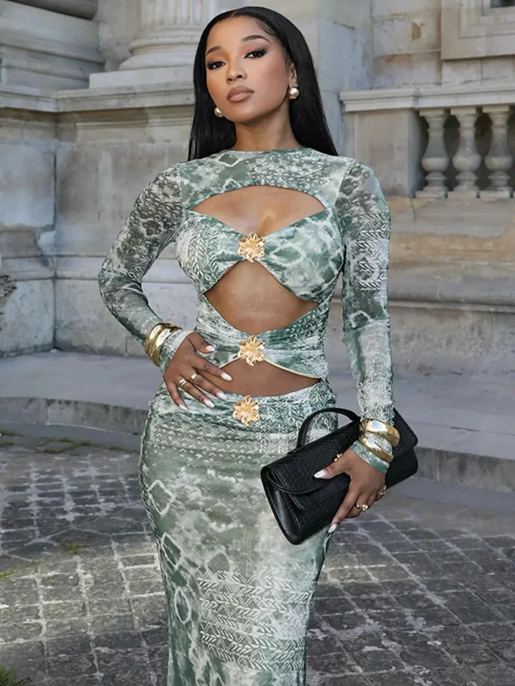 Xiaotang oco para fora manga longa impressão sexy maxi vestido feminino elegante malha o pescoço cintura alta bodycon clube festa vestido impresso